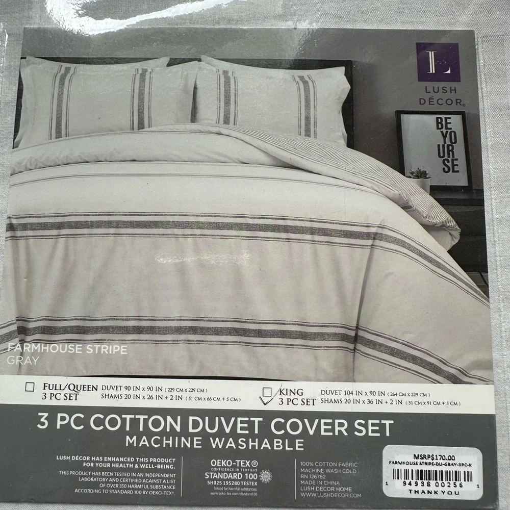 Lush Décor Farmhouse Stripe 100% Cotton Duvet Cover Set Gray